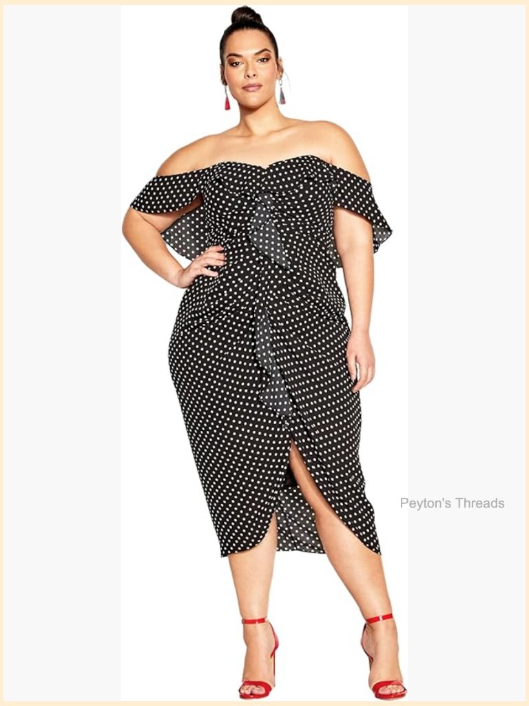 Off-Shoulder Midi Dress With Polka Dot Pattern - Curve Fit